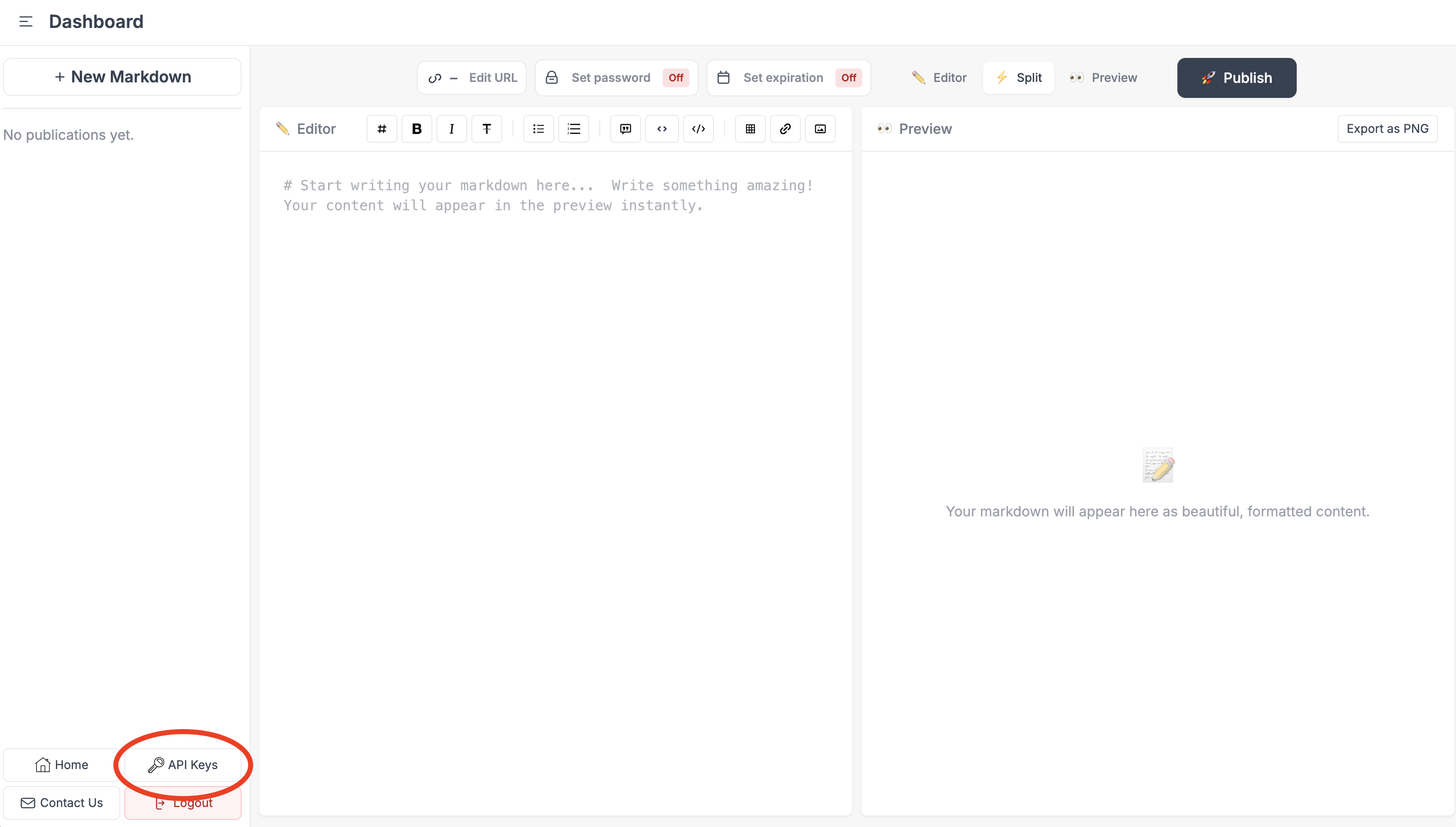 Step 1: Open API Keys in dashboard